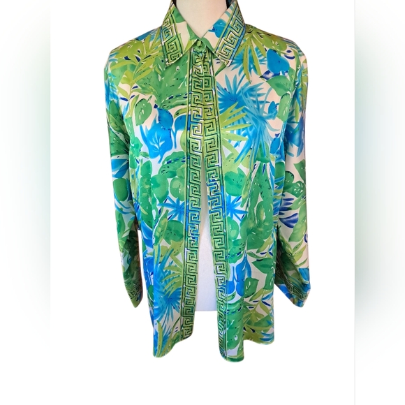 Piano Tops - Piano Large Silk Asian Inspired Bamboo Print 1 Button Blouse Xlnt